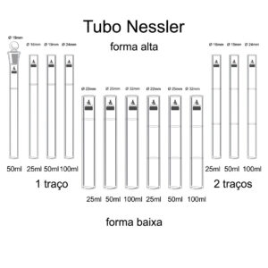 Tubo Nessler fundo achatado de vidro no formato cilíndrico alongado e estreito que armazena amostras para serem analisadas em colorimetria