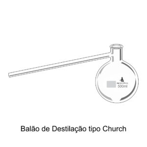 O Balão de Destilação tipo Church é usado para destilação de materiais betuminosos, apresenta fundo redondo, gargalo curto e borda superior com auréola.