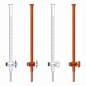 A Bureta Graduada é disposta na vertical com escoamento de forma gravitacional, formato cilíndrico e uma torneira na extremidade inferior.