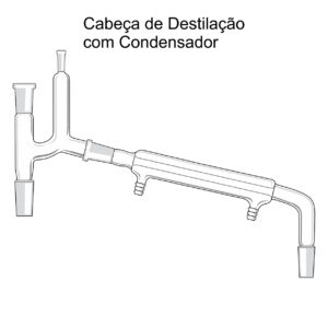 Cabeça de Destilação e Condensador é utilizada para fazer a ligação entre o balão e o condensador e tem uma abertura (socket) para suportar um termômetro na entrada do condensador.